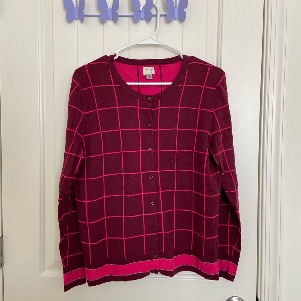 EUC | A New Day women’s maroon‎ pink checkered plaid button cardigan sweater XL
